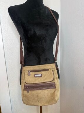 MultiSac Tan Faux Suede Crossbody Bag Brown Trim Multi Pocket Organizer Purse